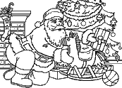 coloriage le pere noel depose un cheval de bois au pied du sapin